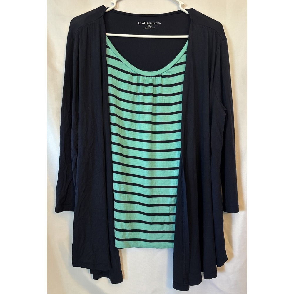 Croft & Barrow Petite M Navy Blue Striped Layered Top 2Fer 3/4 Sleeve
